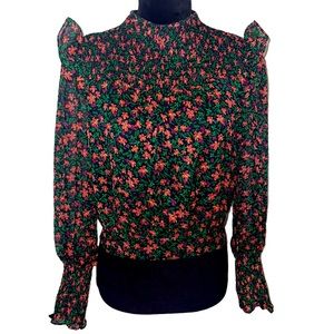 Skies Are Blue Size Medium Sheer Sleeve Ruffled Shoulder Floral Print Blouse